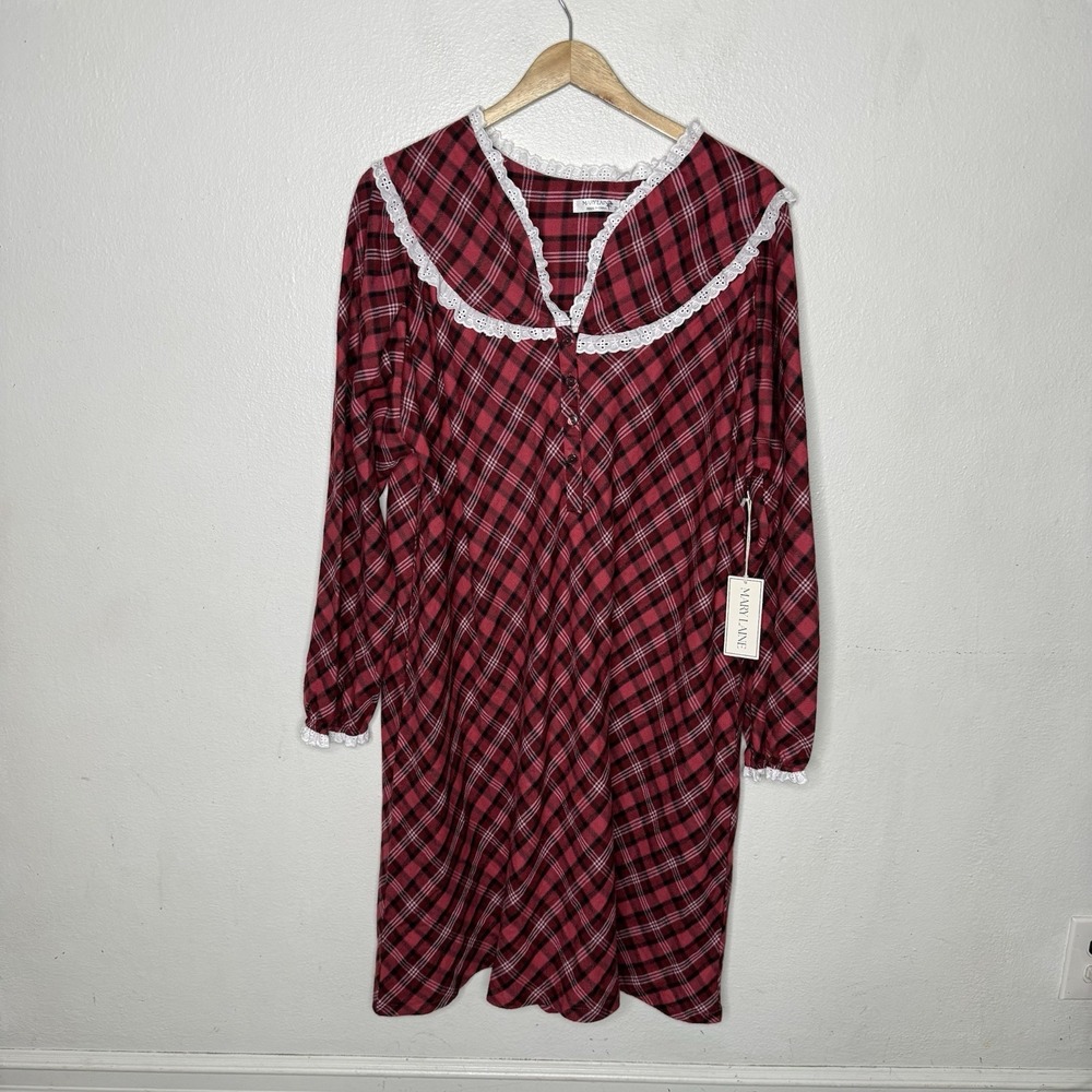 New Mary Laine Red Plaid Nightgown Lace Trim Long Sleeve Fall Winter Womens 2X